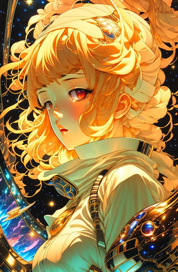 Golden-haired female character with red eyes in cosmic setting.