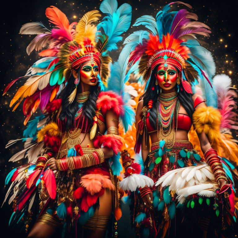 Vibrant feather headdresses and tribal makeup against starry backdrop