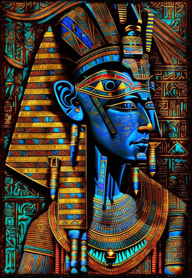 Colorful Egyptian Pharaoh Artwork with Traditional Symbols