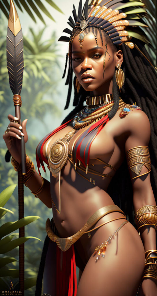 Illustrated woman in African attire with spear and golden jewelry