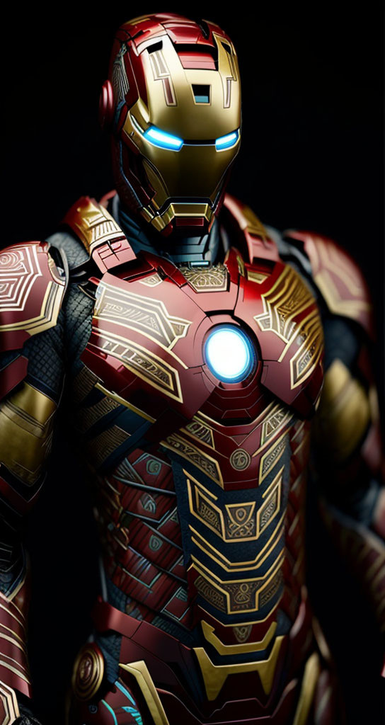 Detailed Iron Man suit with gold and red armor patterns and glowing blue eyes.