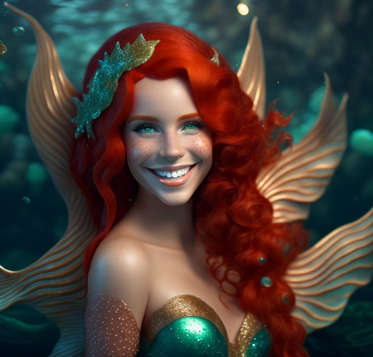 Red-Haired Mermaid with Golden Wings and Seashell Crown Underwater