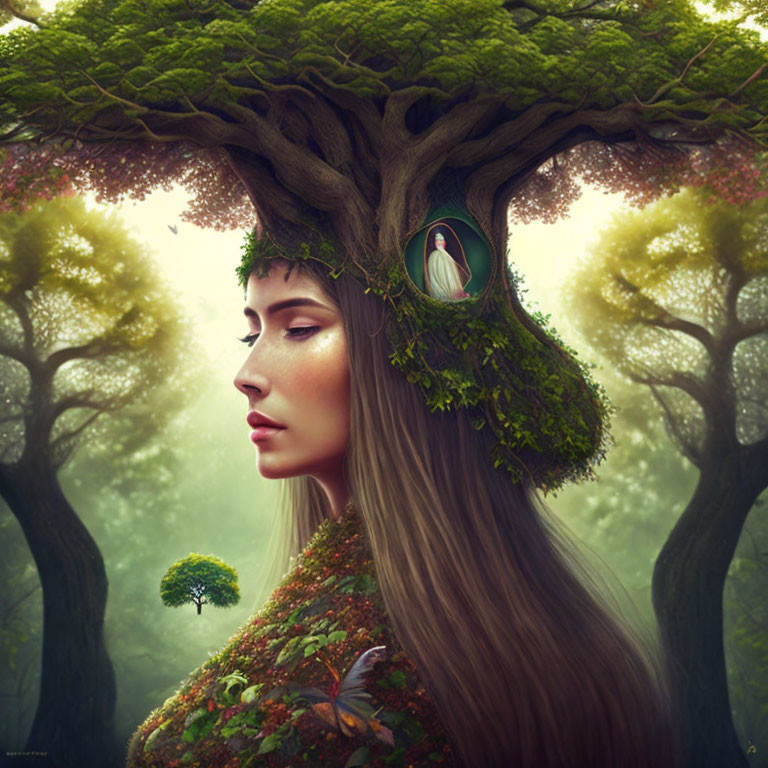 Surreal illustration: Woman's profile merges with nature, tree growing from head, small figure in