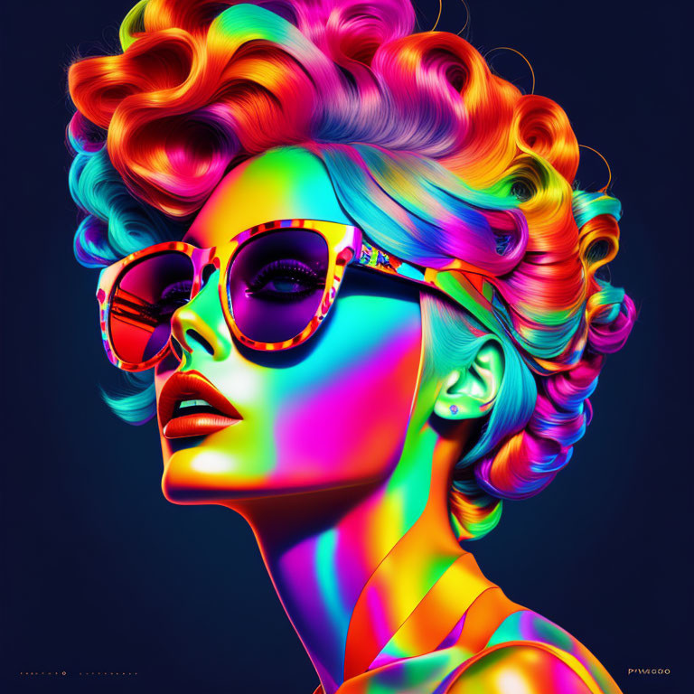 Colorful digital artwork: Woman with rainbow hair and sunglasses on dark backdrop