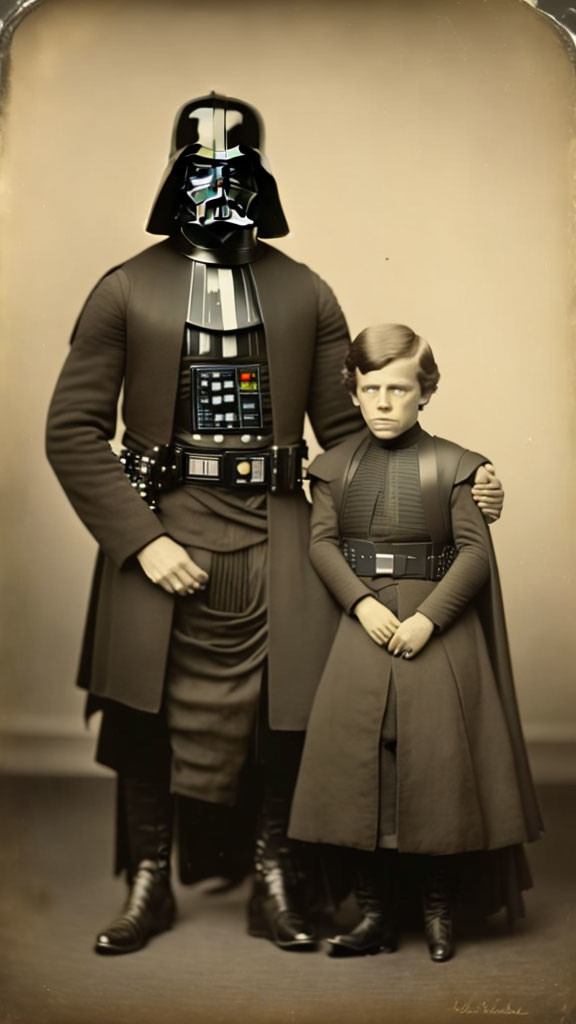 Sepia-toned Star Wars costumes: Darth Vader & young Anakin Skywalker pose solemnly