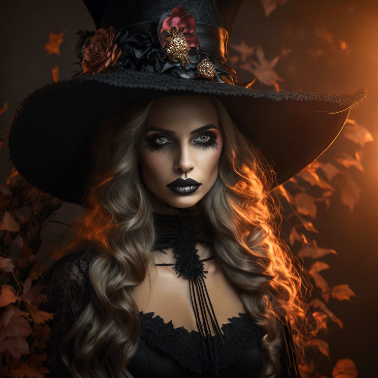 Woman with dramatic makeup in witch hat against autumn leaves.