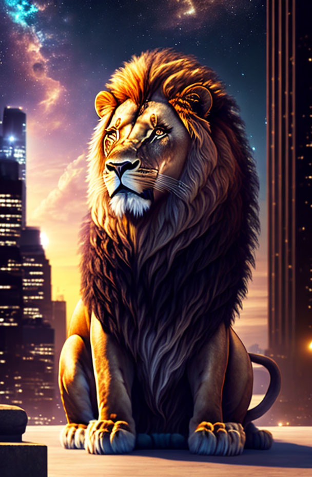 Majestic lion with vibrant mane against city skyline at night.