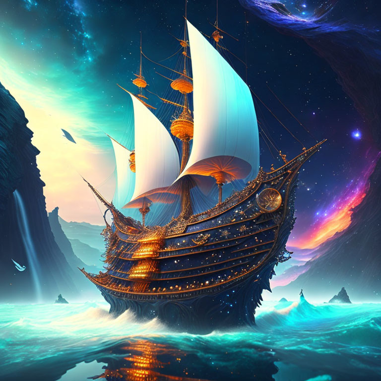 Fantastical Ship with Illuminated Sails Sailing on Serene Sea