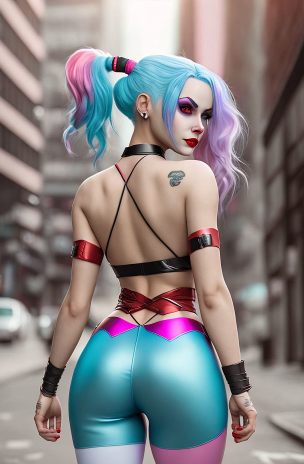 Stylized female character with blue and pink hair in urban alleyway