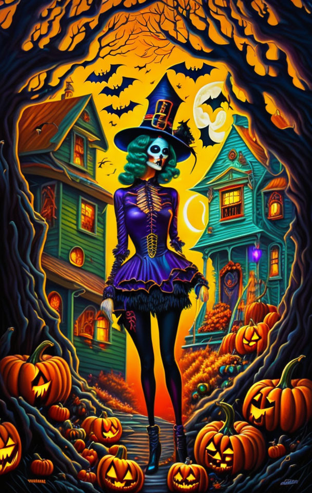 Skeleton Halloween illustration with jack-o'-lanterns, haunted houses, and full moon