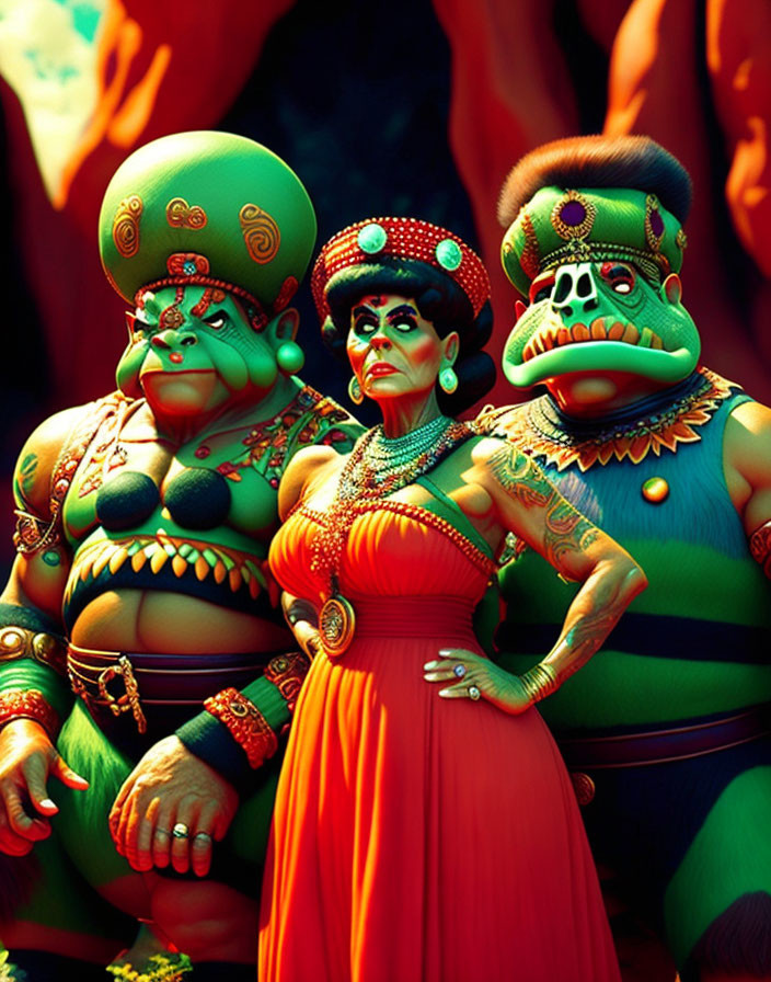 Three stylized animated characters in traditional attire, two masculine and one feminine, standing together.