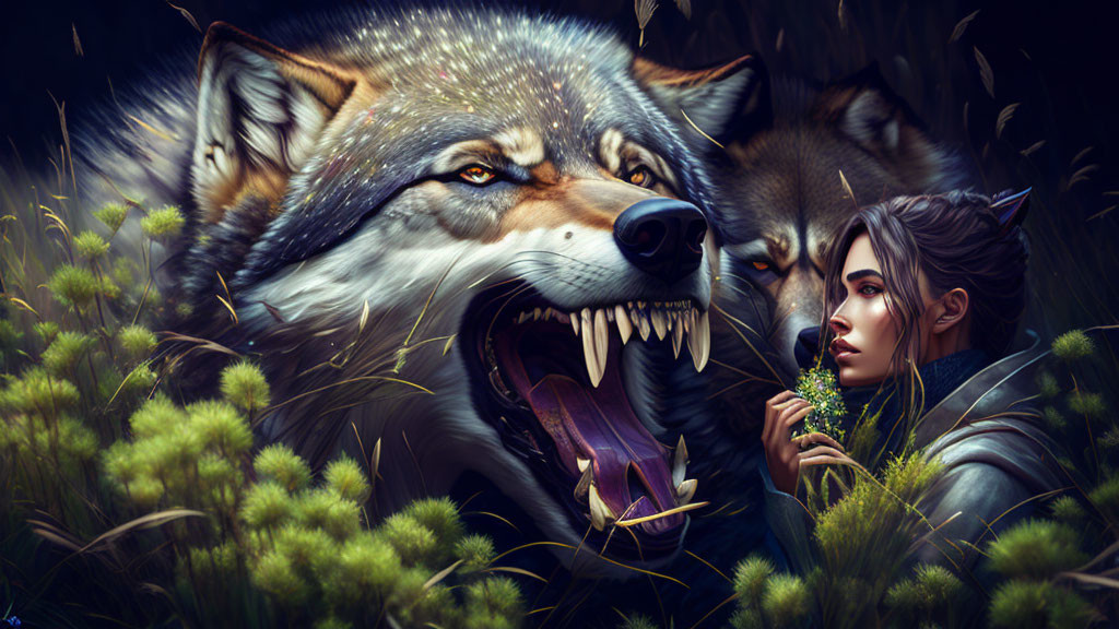 Elf-like woman with wolves in mystical forest scene.