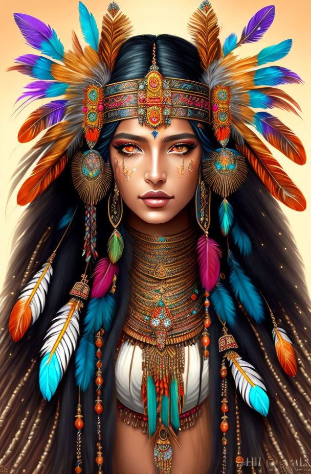 Detailed digital artwork of woman in Native American headdress