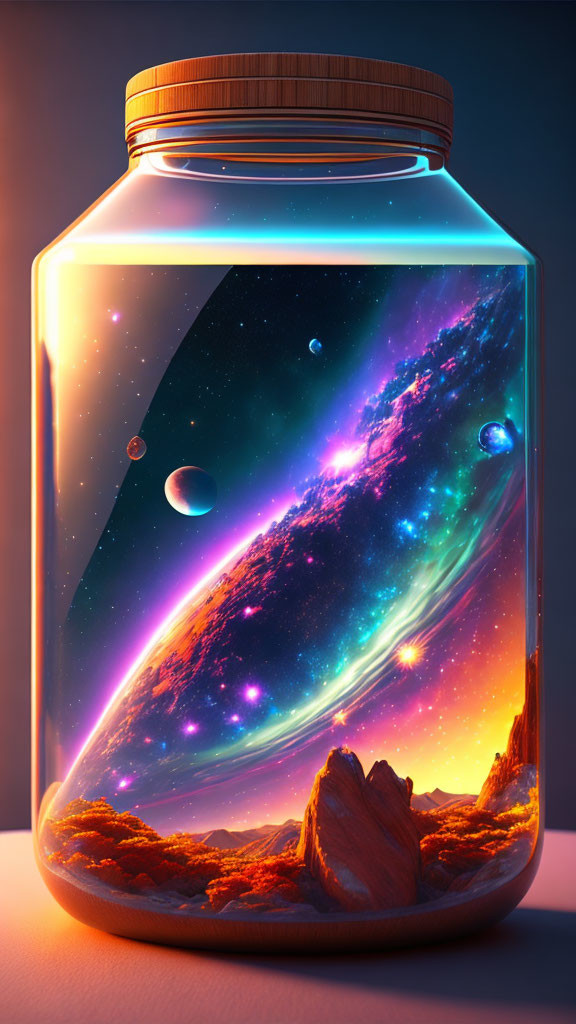 Digital art: Galaxy in glass jar with stars, planets, and nebulae above alien landscape