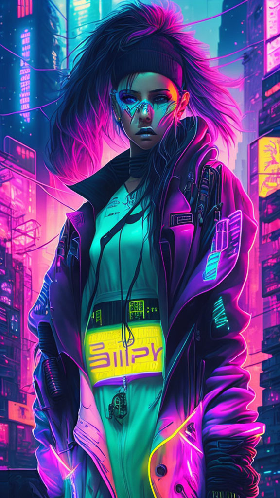 Cyberpunk-themed artwork: Woman with purple hair, futuristic glasses, neon-lit jacket, vibrant