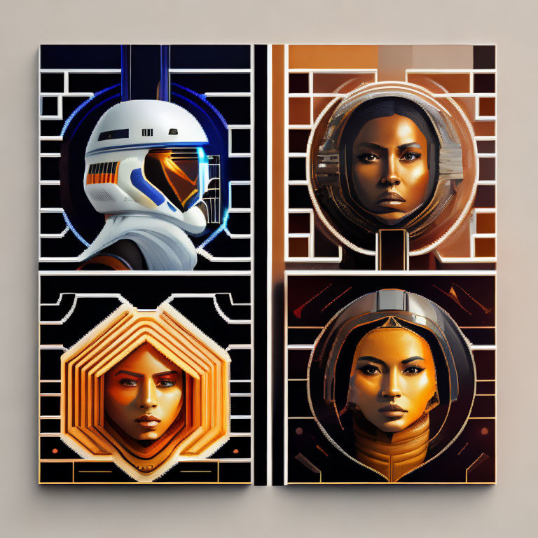 Stylized character portraits in white and orange helmets on geometric backgrounds