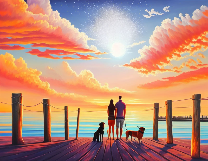 Couple, Two Dogs on Pier at Sunset with Orange Sky and Starry Reflections