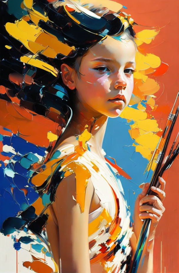 Vibrant portrait of a young girl with paintbrushes on blue background