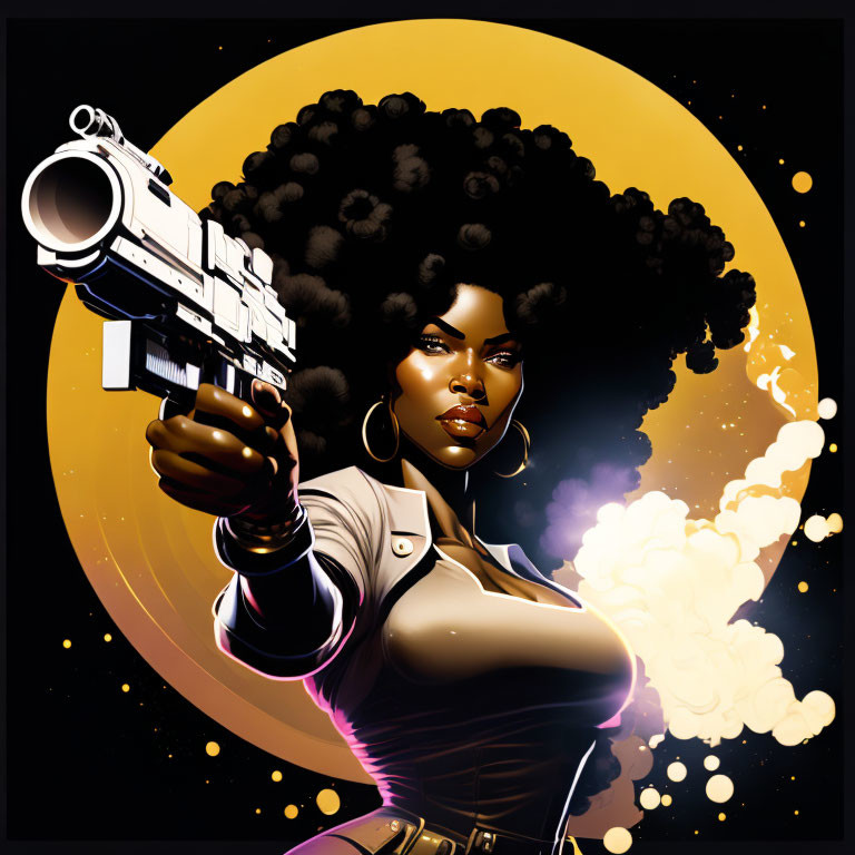 Confident woman with afro aims futuristic gun under orange moon