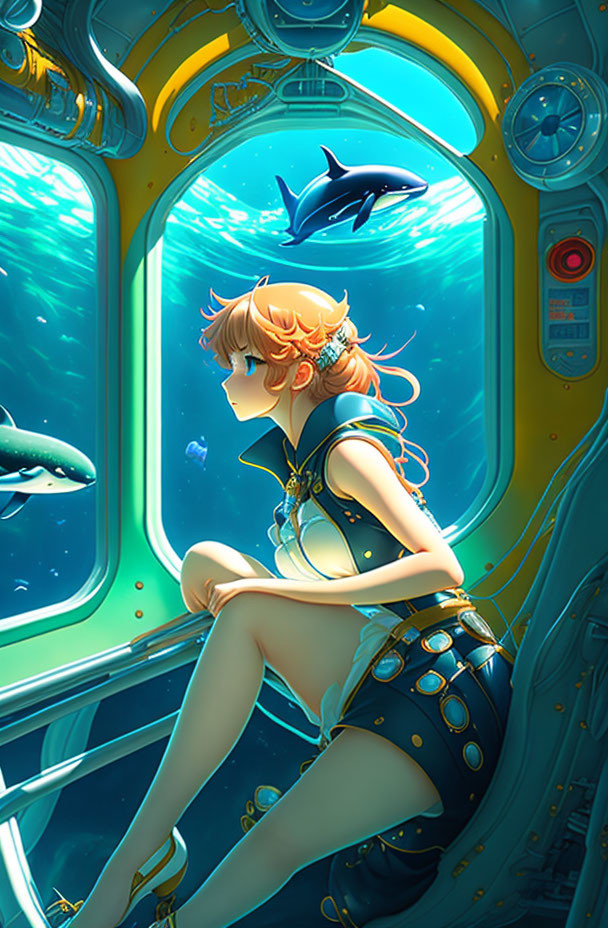 Girl in submarine watching sharks swim by in ambient blue light.