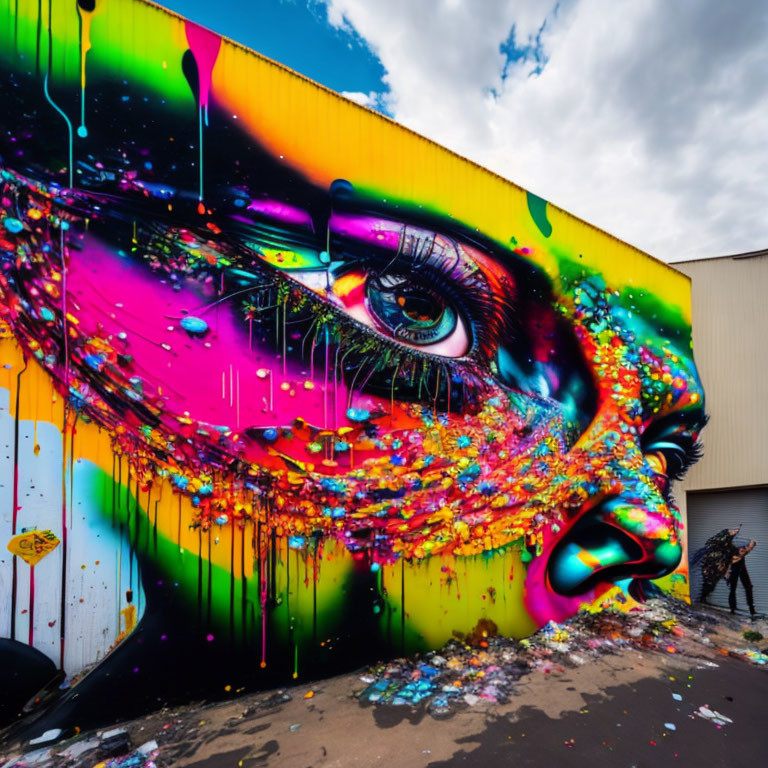 Colorful Dripping Eye Mural on Building Wall