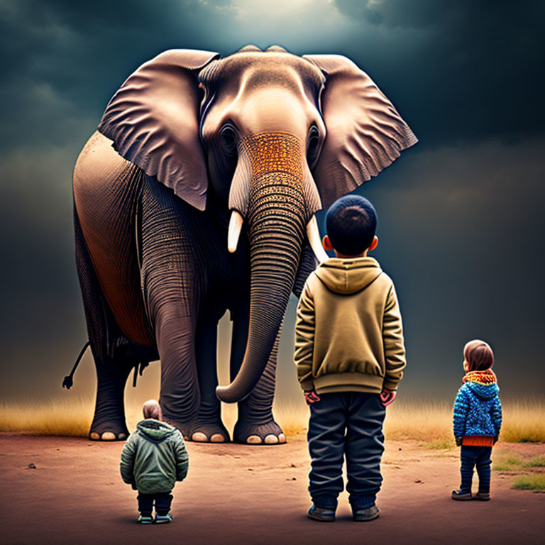 Three children with elephant under dramatic sky - A scene of wonder and discovery