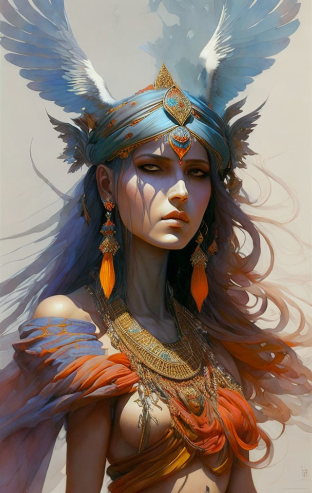 Illustrated female figure in blue and orange attire with feathered headdress and jewelry