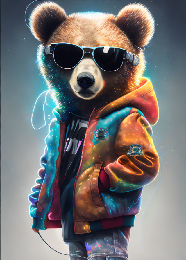 Stylized bear with sunglasses, headphones, and space-themed jacket