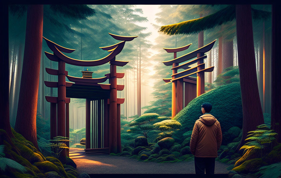 Person standing by traditional torii gates in forest setting with tall trees and serene ambiance.