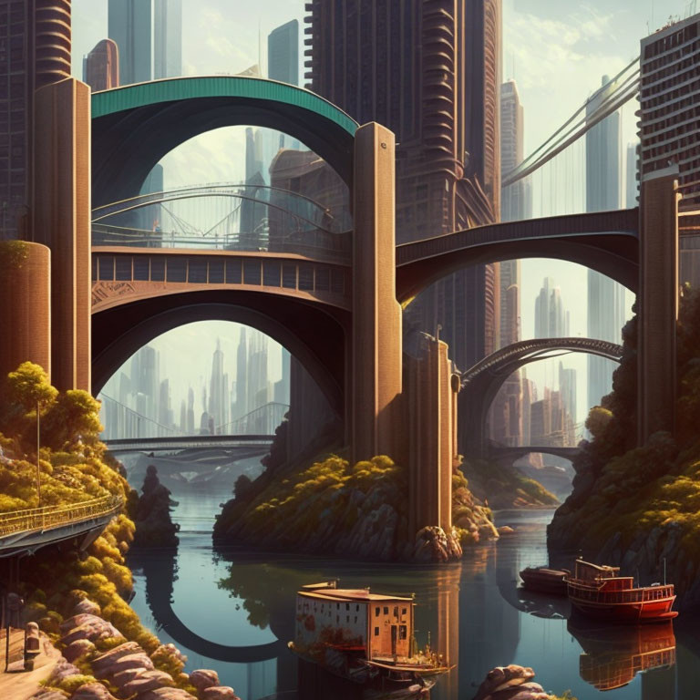 Futuristic cityscape with multi-level bridges, lush greenery, boats, and towering skyscrap