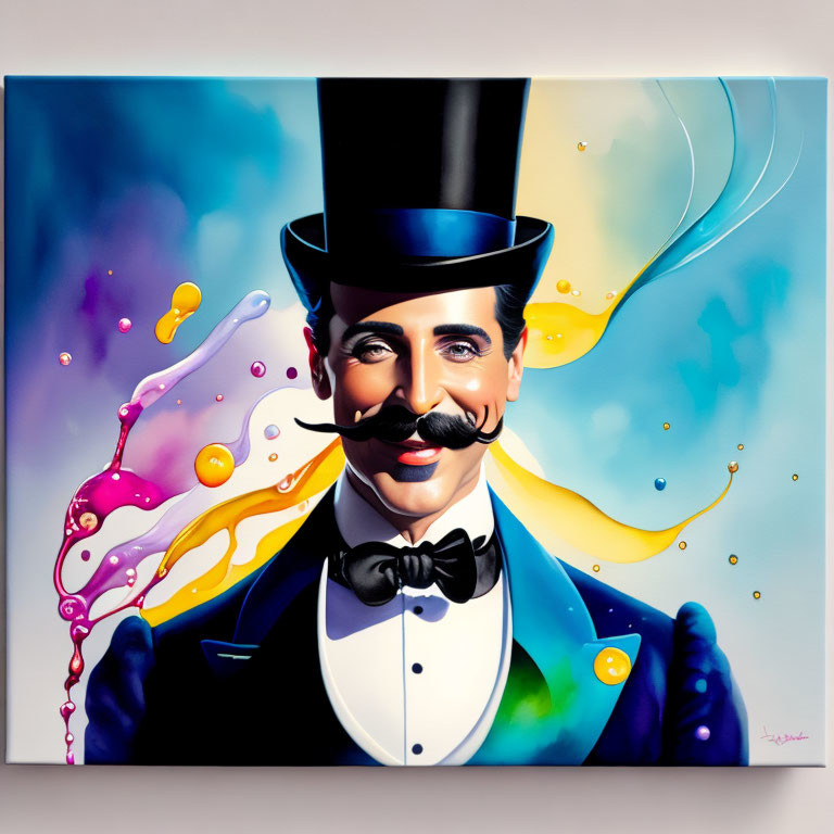 Colorful Portrait of Man with Top Hat and Mustache