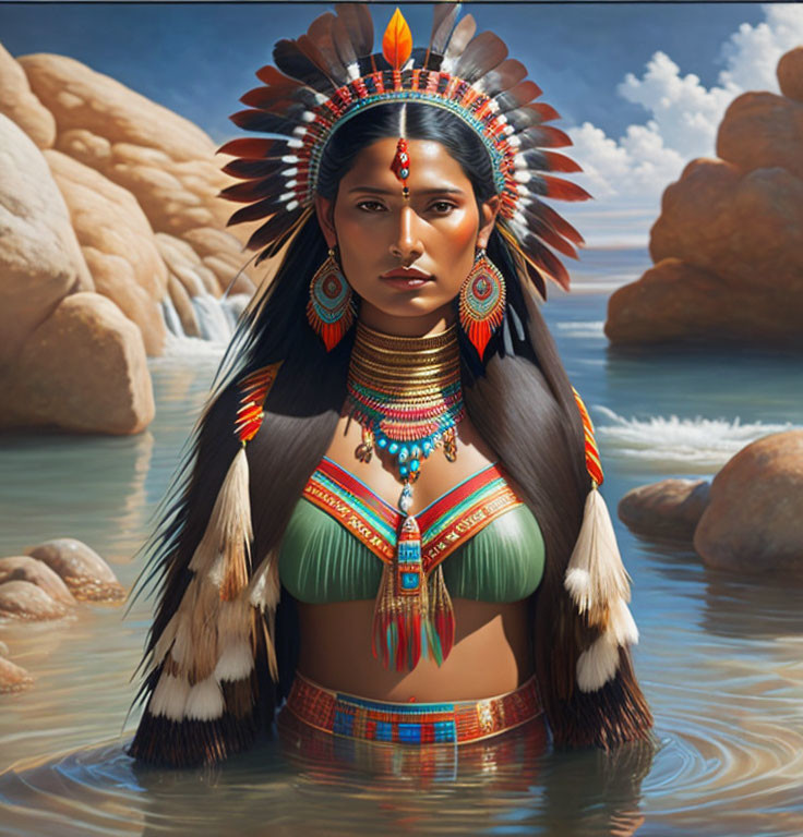 Native American woman in traditional attire stands in water among rocks