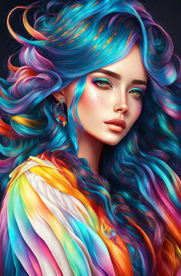 Colorful digital artwork of a woman with multicolored hair and expressive eyes