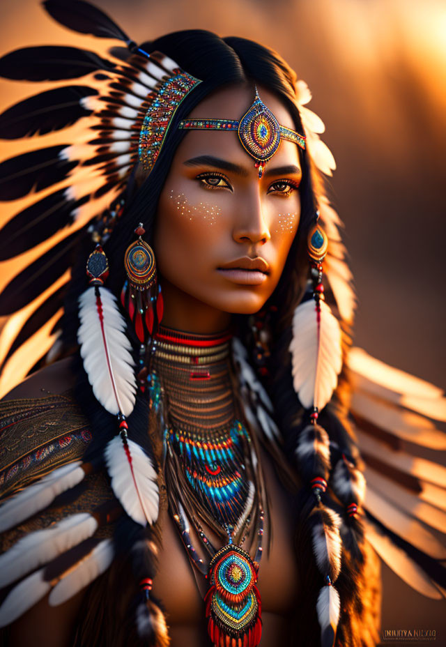 Person in Native American headdress and jewelry under warm backlight