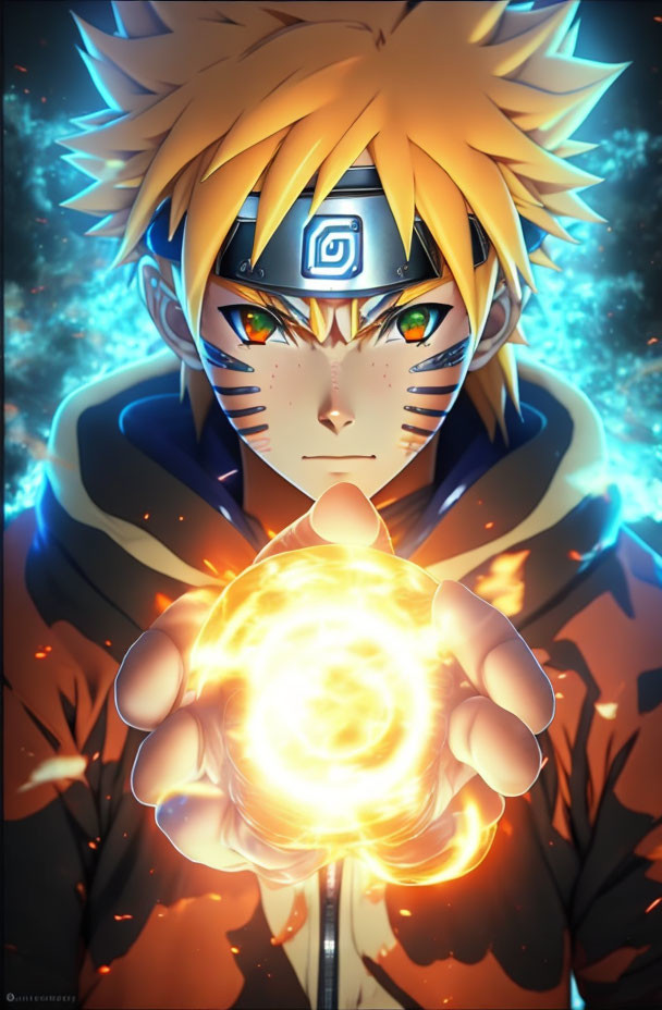 Spiky Blonde-Haired Animated Character Holding Glowing Sphere