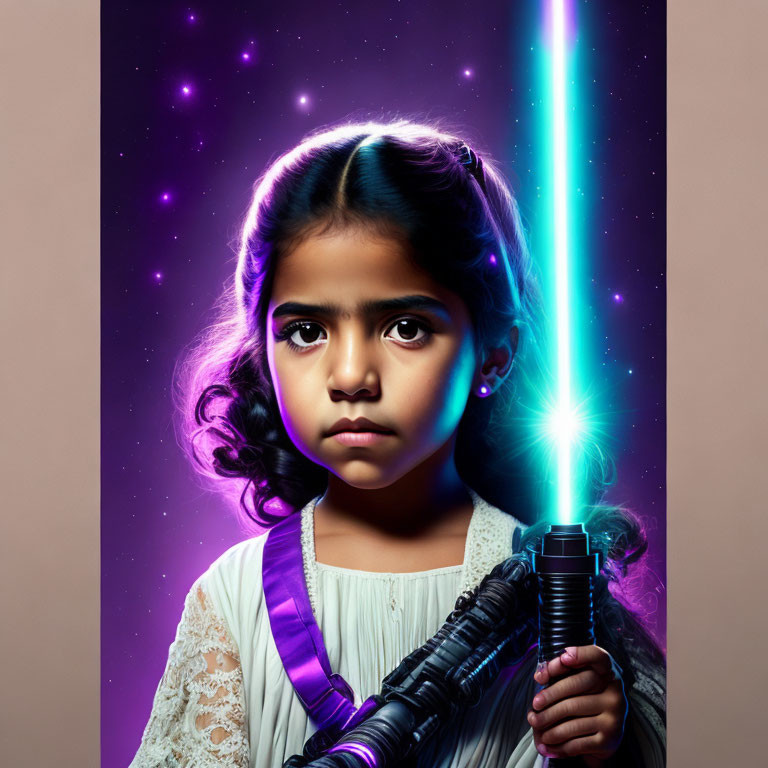 Young girl with glowing lightsaber in cosmic sci-fi setting