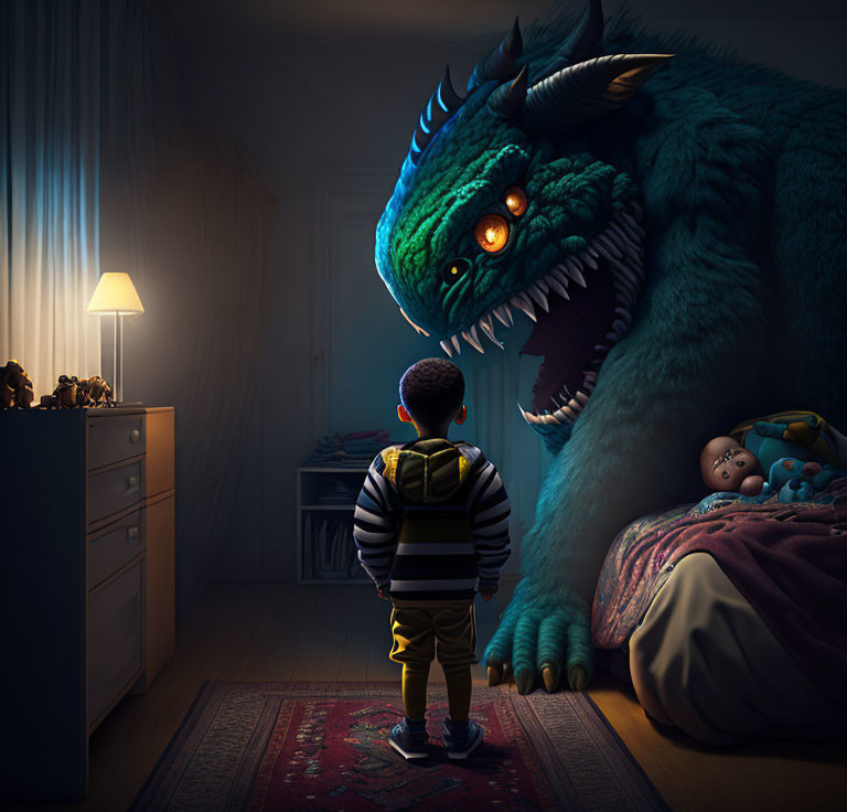 Child confronts menacing monster in dimly lit bedroom