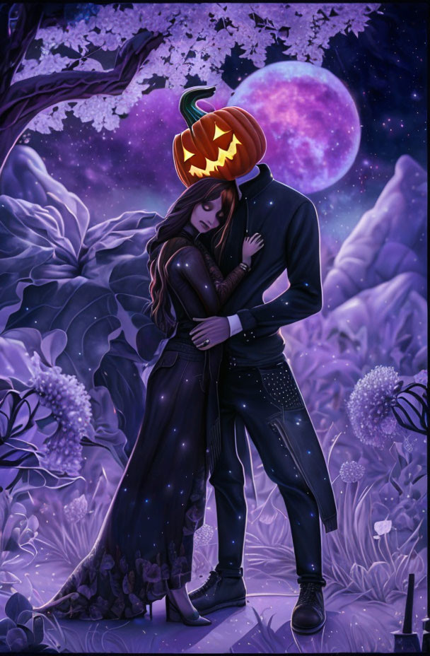 Couple embraces under purple starry night with man's pumpkin head, large moon in mystical forest