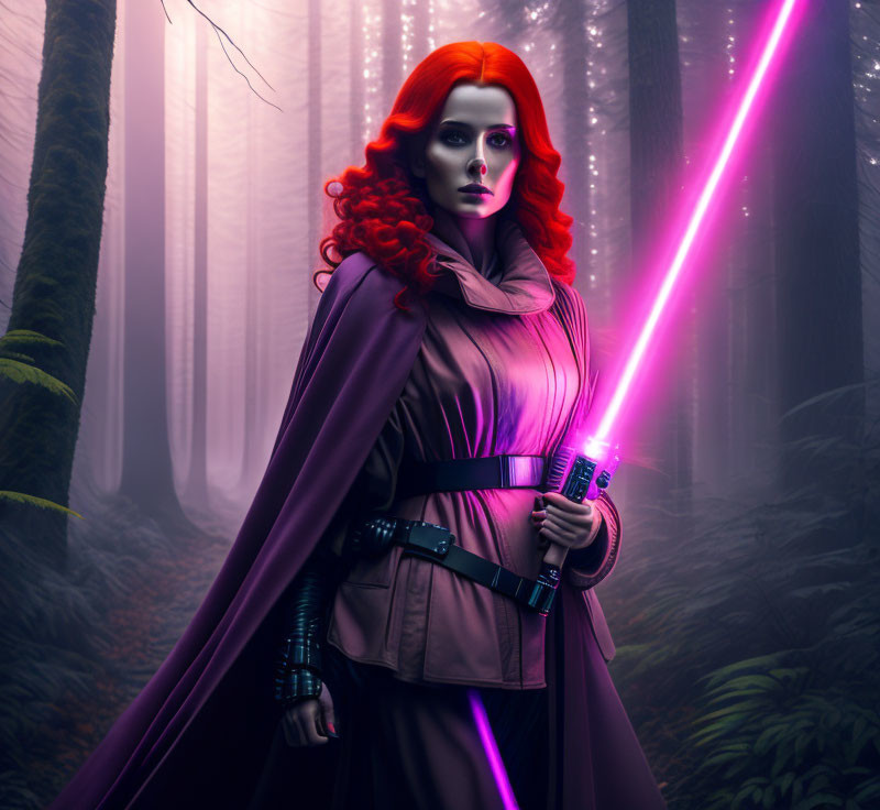 Red-haired woman wields pink lightsaber in misty forest