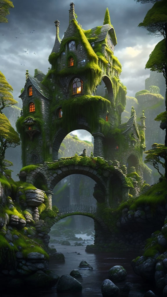 Ivy-clad castle on stone bridge in twilight forest landscape