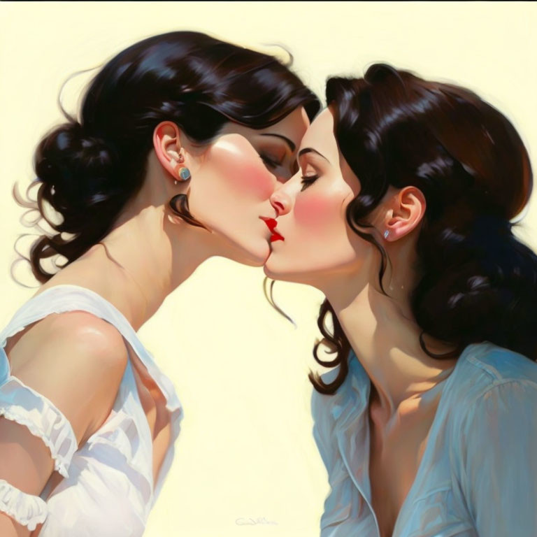 Two women kissing tenderly in white and blue tops on cream background