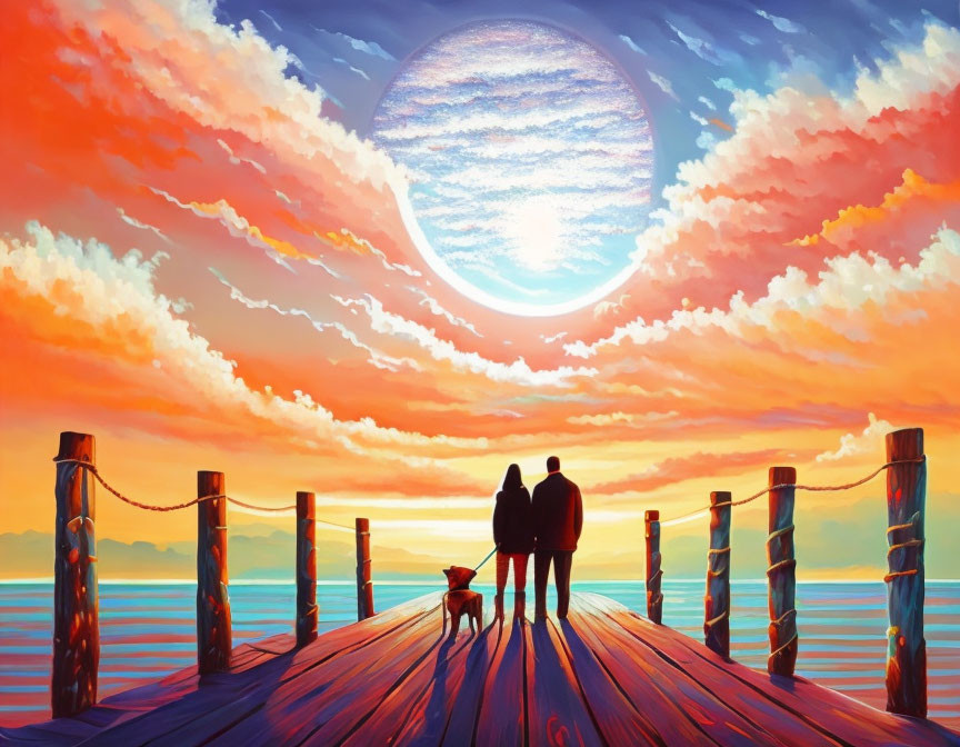 Couple with Dog on Wooden Pier at Sunset with Moonlit Skies