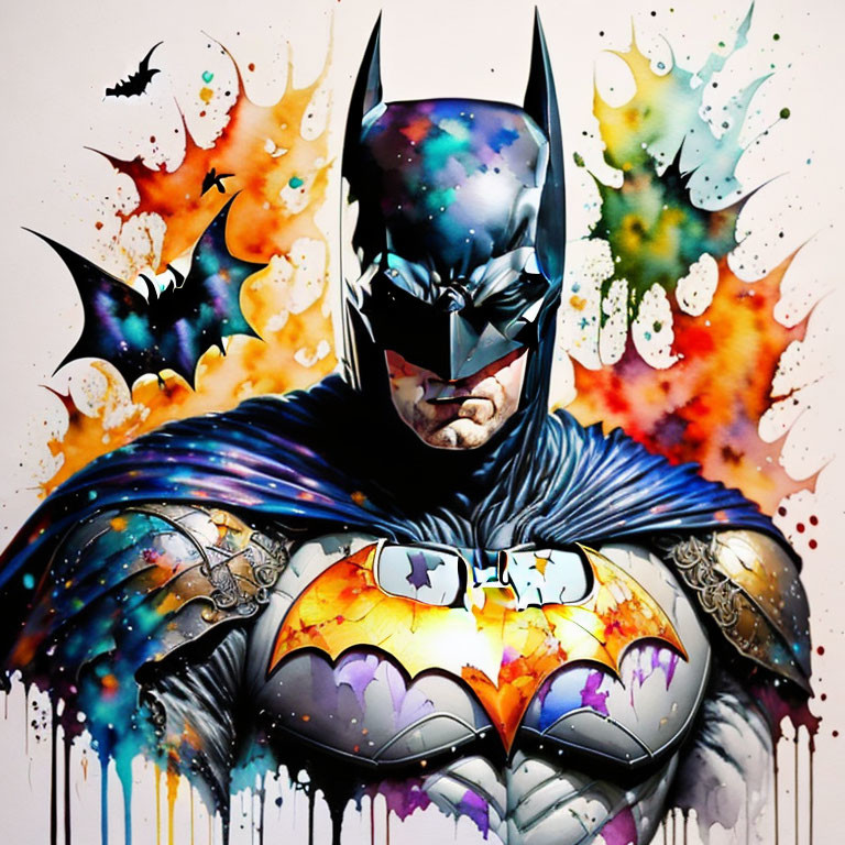 Vibrant Batman Artwork with Paint Splatter Background