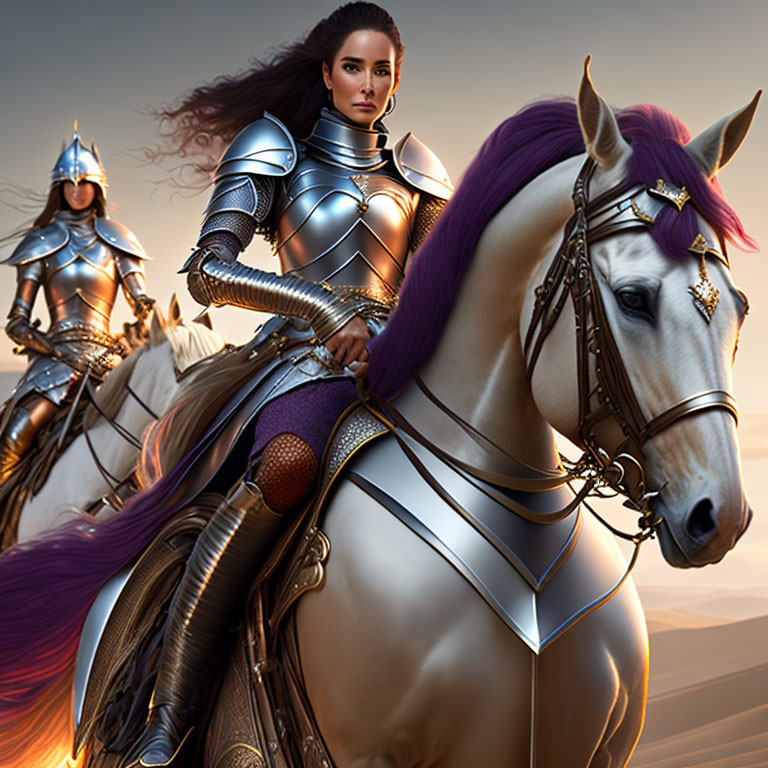 Armored female warriors on horses under dusky sky with purple highlights.