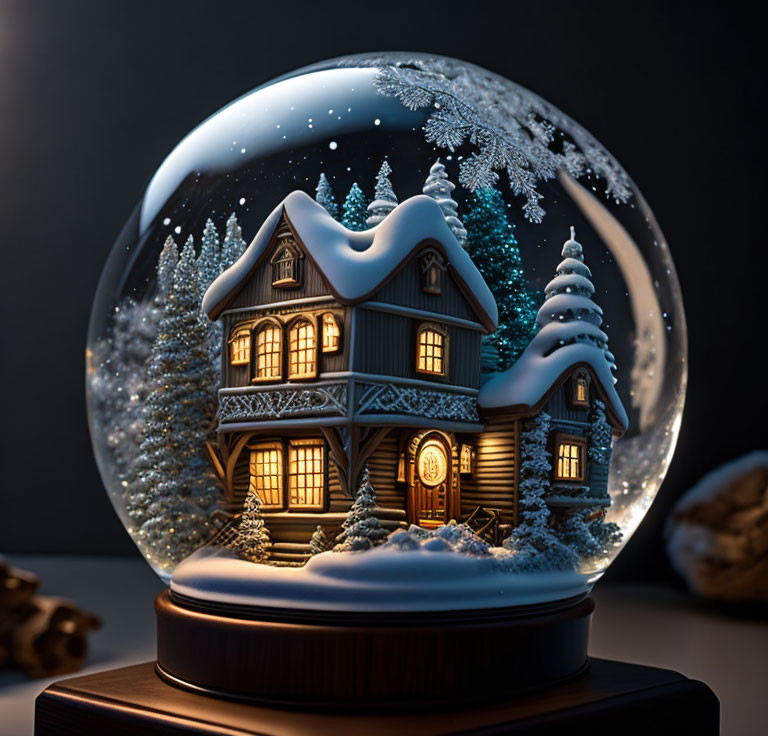 Detailed Miniature Winter Scene Snow Globe with Cozy House and Pine Trees