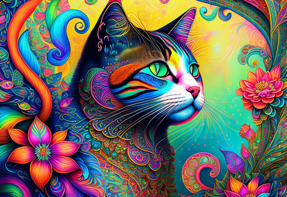 Colorful cat digital artwork with whimsical floral and psychedelic motifs