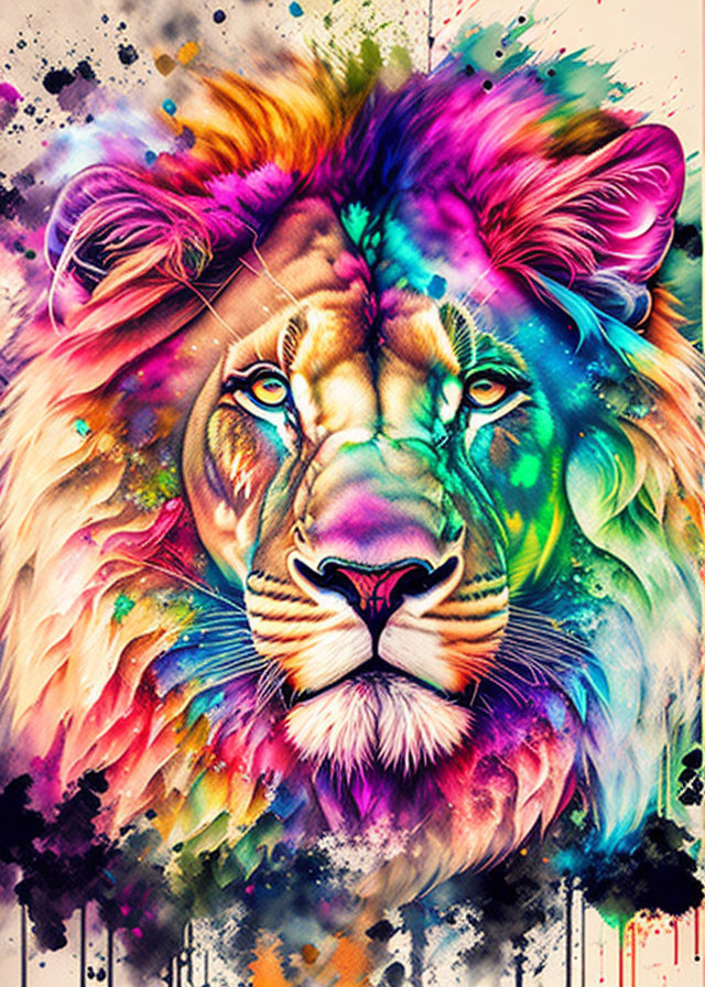 Colorful lion digital art on splattered background