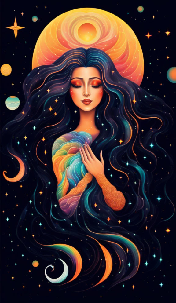 Illustration of woman with flowing hair and celestial bodies on sun, stars, planets