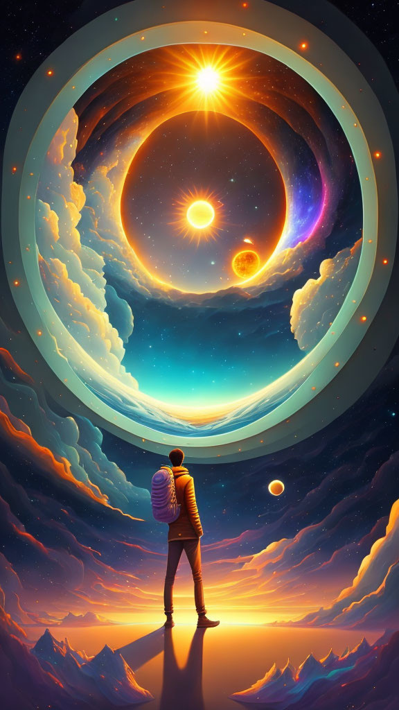 Surreal landscape with concentric sky circles and cosmic elements