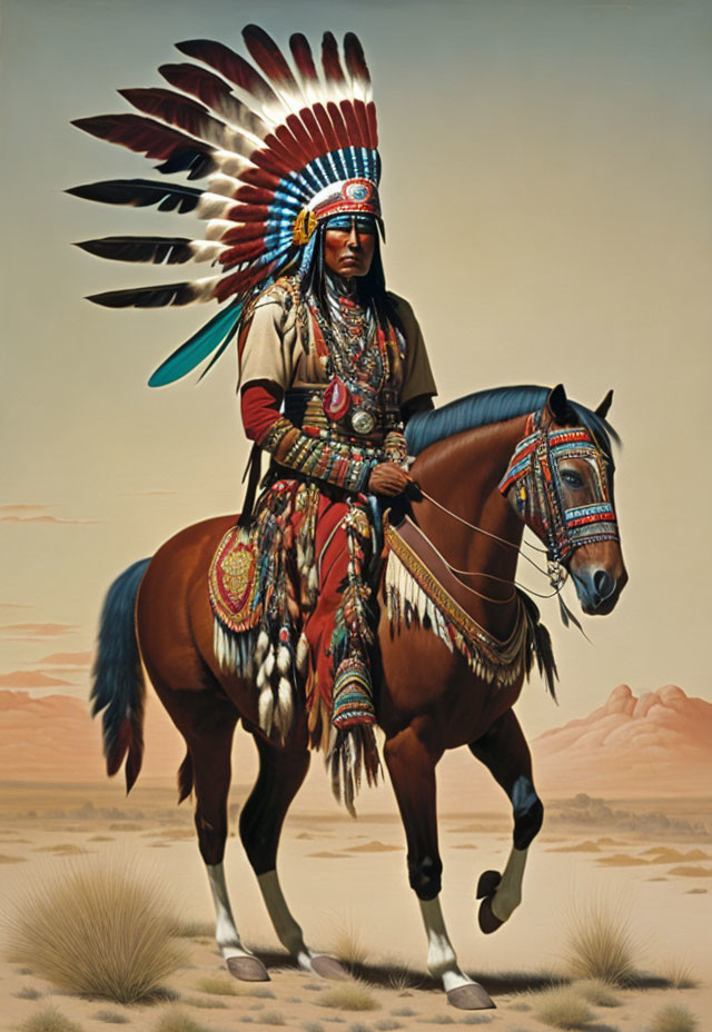 Native American person in regalia on horse in desert landscape